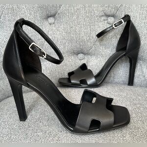 HERMES JOY 105 BLACK LEATHER high heel SANDALS. 37.5 NEW NO BOX